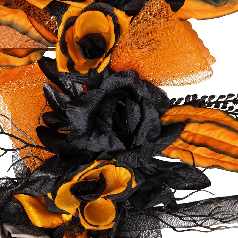 Skull with Black and Orange Roses Halloween Wreath - 14" - Unlit