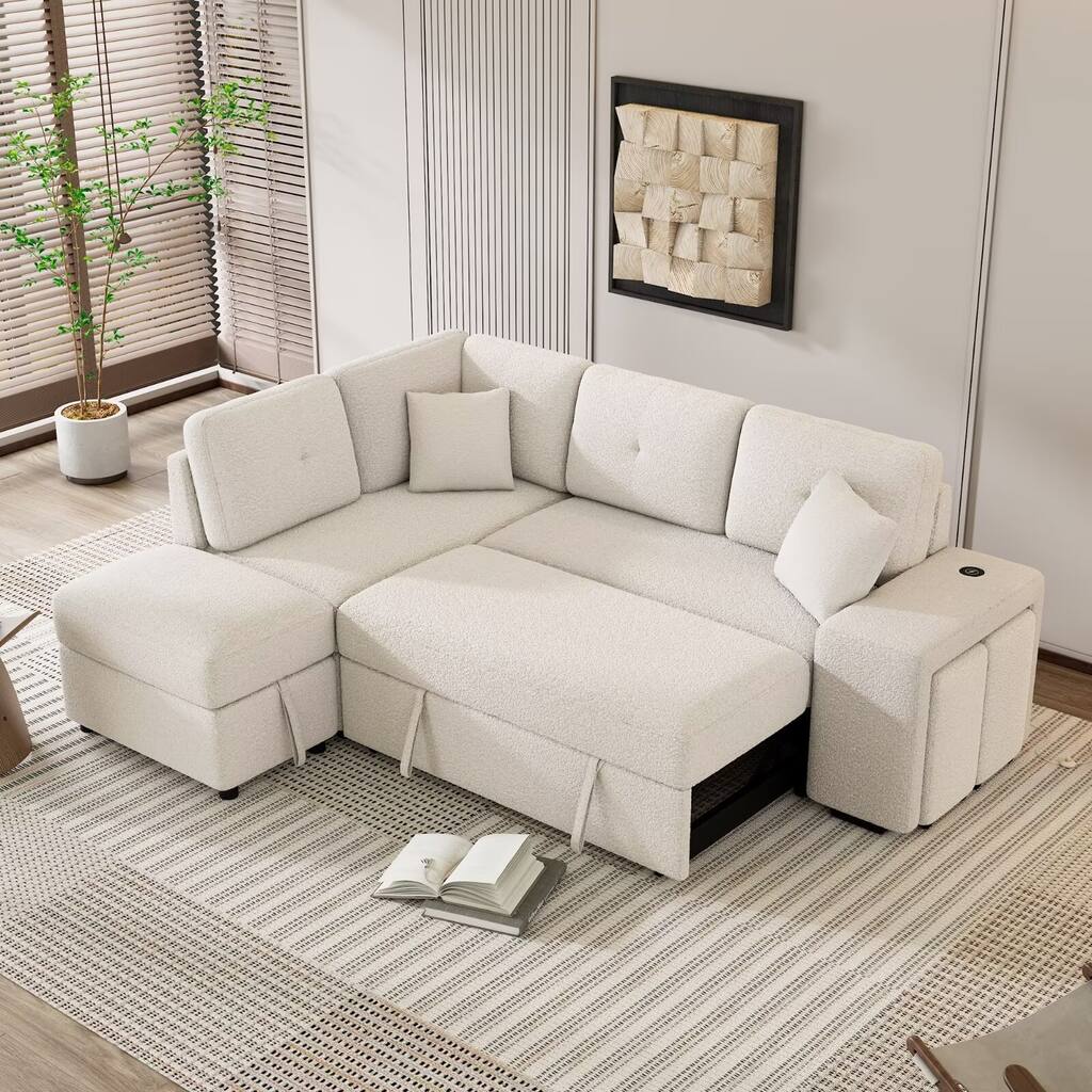87.7" Sectional Pull Out Sofa Bed,with Storage Ottoman and 2 Stools - 87.7"D x 72.6"W x 34.2"H