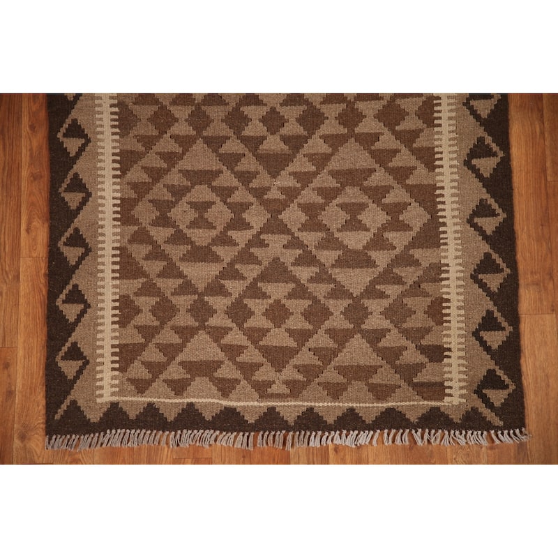 Brown Geometric Kilim Oriental Rug Flat-weave Wool Carpet - 3'4" x 4'10"