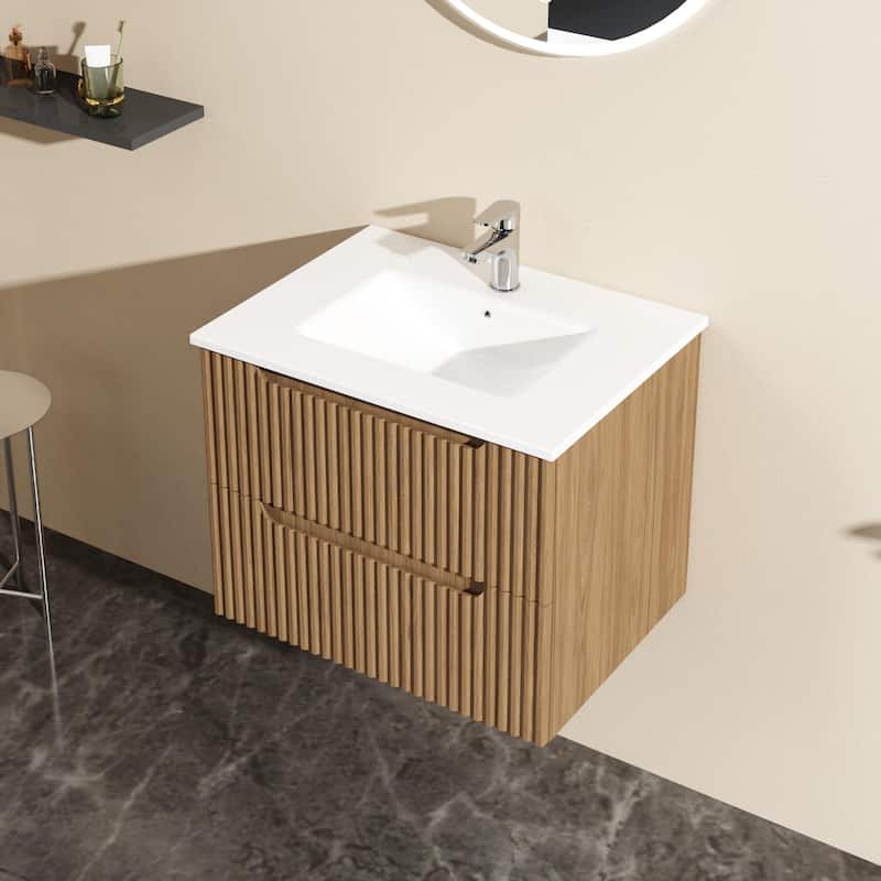 24" Wall-Mount Bathroom Vanity Cabinet with White Basin Sink Combo Floating, Walnut