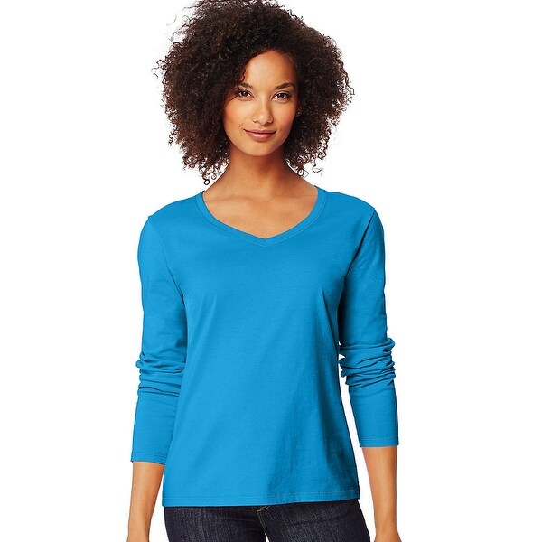 Hanes Women/'s Long-Sleeve V-Neck T-Shirt Tee 100/% Cotton Top Tag Free sz S-2XL