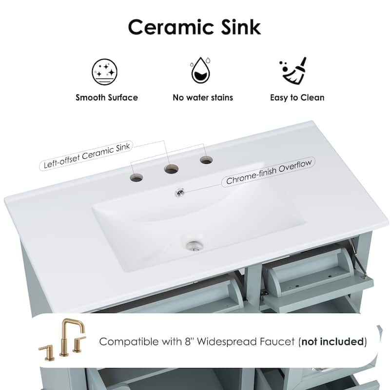 36" Bathroom Vanity Set with Ceramic Undermount Sink, Soft-Close Hinges & Tip-Out Drawers for Smart Storage