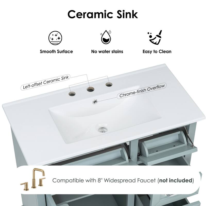 36" No-Installation Bathroom Vanity Set with Ceramic Undermount Sink, 2 Tip-Out Drawers & Soft-Close Hinges, Modern Grey