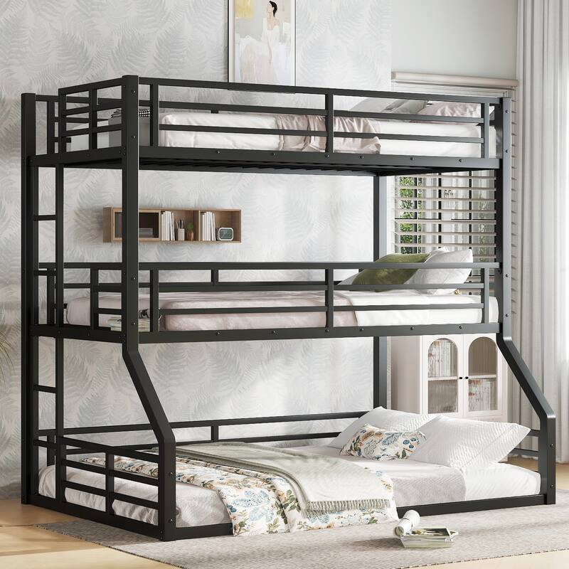 Triple Metal Bunk Bed with Safety Guardrails, Noise-Reduced Design, Black - Black