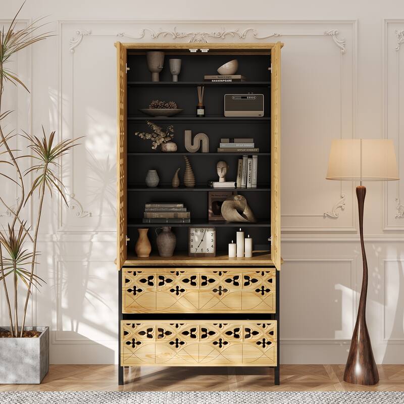 Display Storage Cabinet with Intricate Design Elegant Home Storage Solution Bookshelves Curio - 33.4"x70.9"