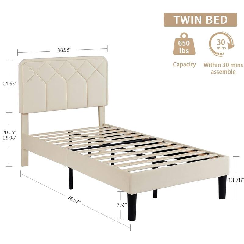 VECELO Adjustable Height Velvet Upholstered Bed Diamond Tufted Headboard with 7.8" Underbed Storage No Box Spring Needed