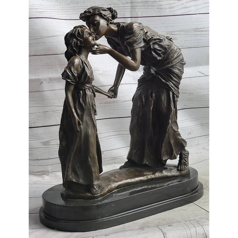 Mother Kissing Child Daughter Bronze Sculpture Statue Family Decor Signed Original Art