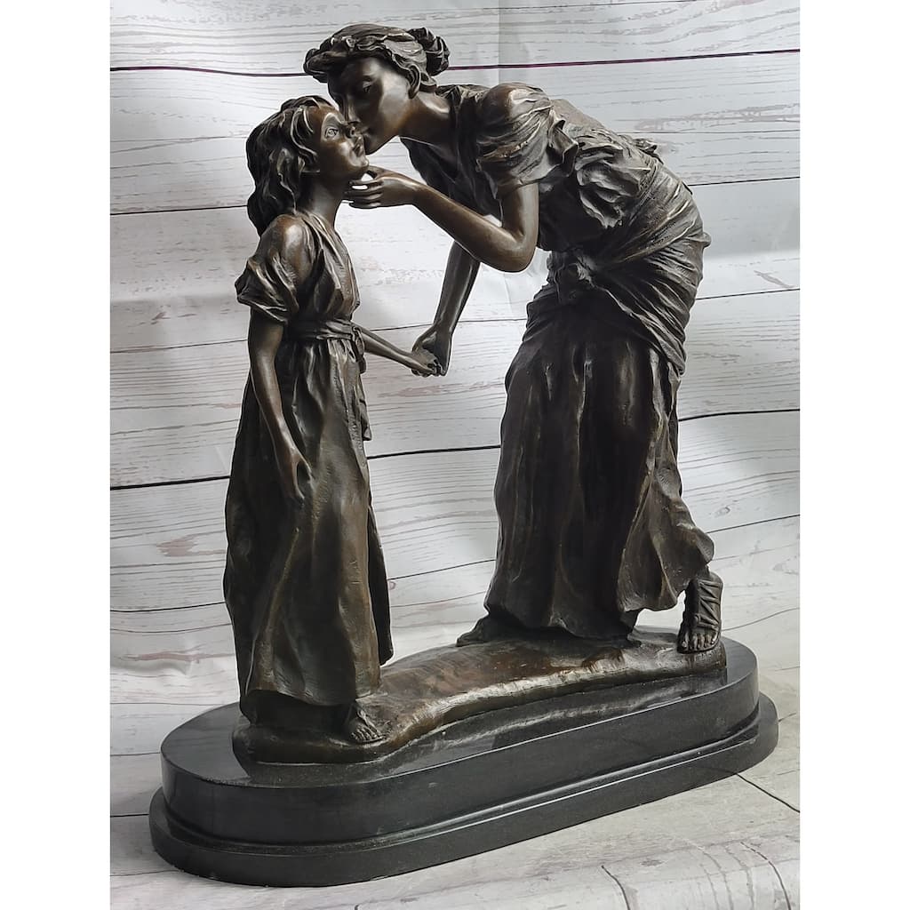 Mother Kissing Child Daughter Bronze Sculpture Statue Family Decor Signed Original Art