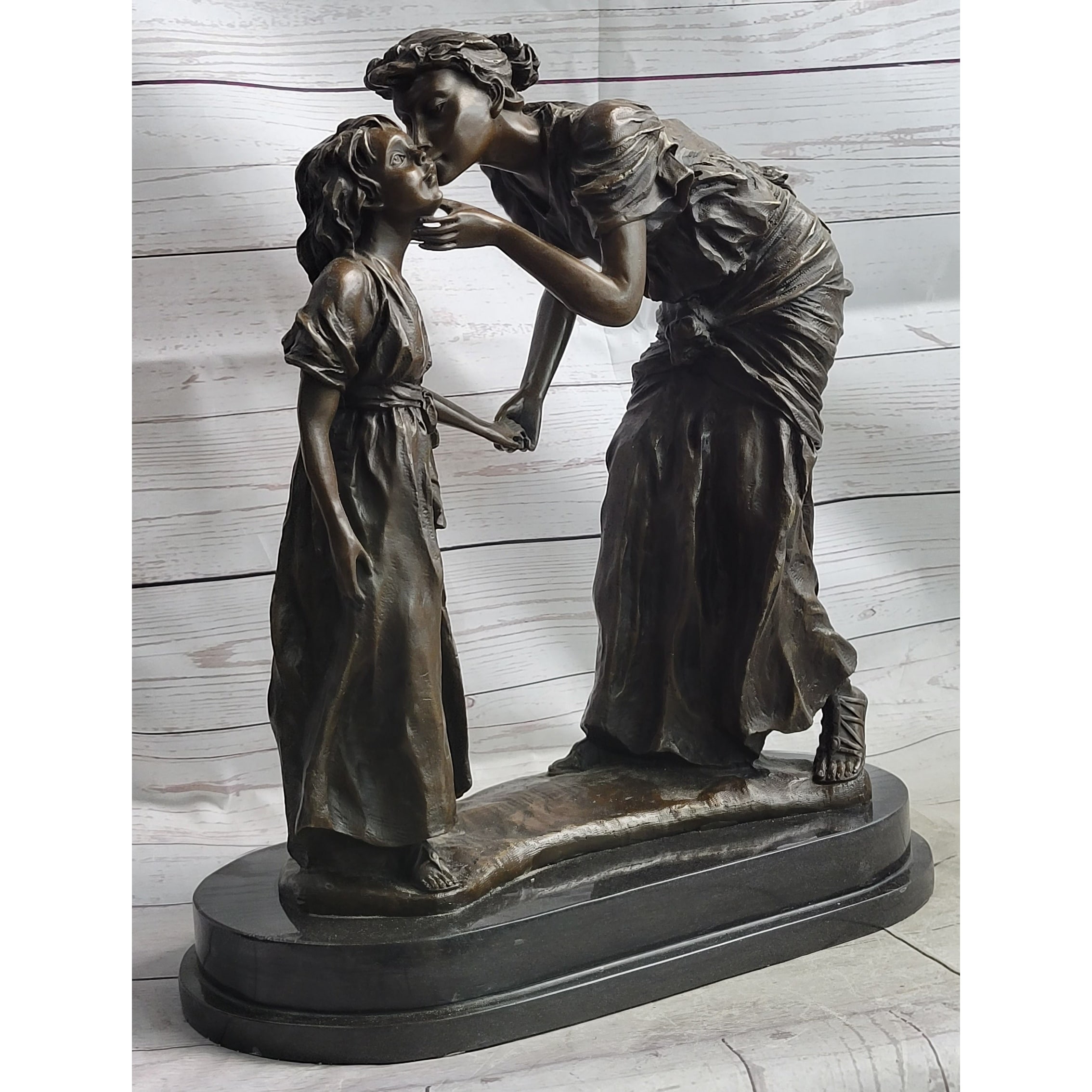 Mother Kissing Child Daughter Bronze Sculpture Statue Family Decor Signed Original Art