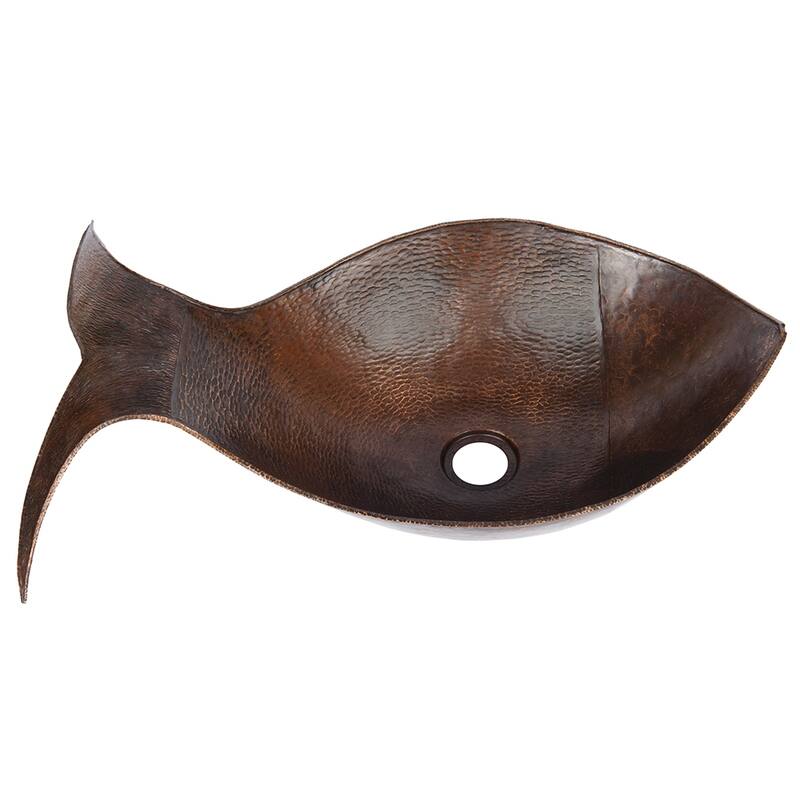 Fish Vessel Hammered Copper Sink, Matching Drain and Accessories