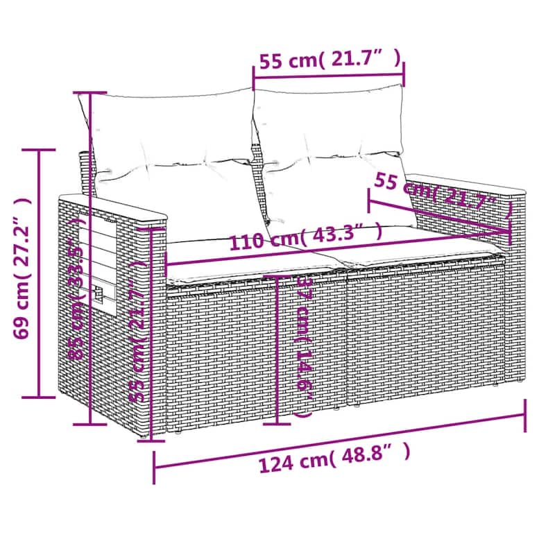 vidaXL Patio Sofa Set with Cushions Outdoor Furniture 3 Piece Poly Rattan - 24.4 x 33.5 x 27.2 in