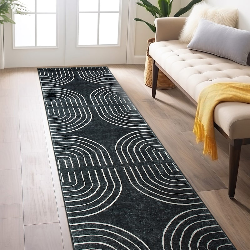 World Rug Gallery Bohemian Lines Washable Non Slip Area Rugs - Black - 2'x8' Runner