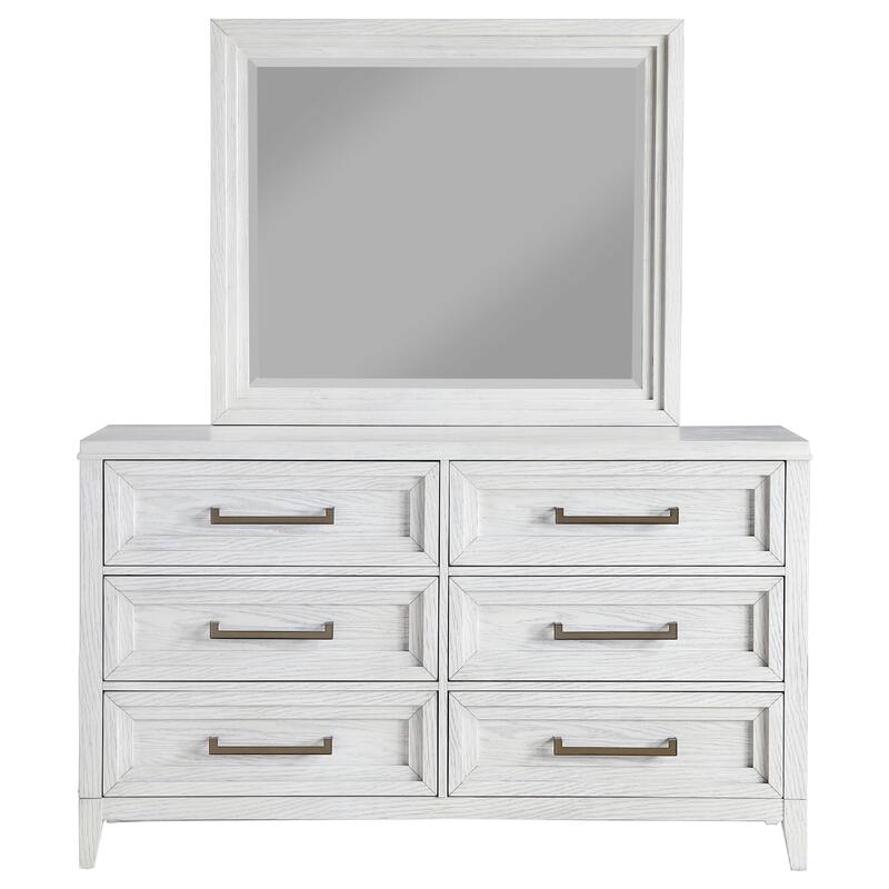 Leva Wide Dresser with Mirror, 6 Drawers, Distressed White Wood Frame