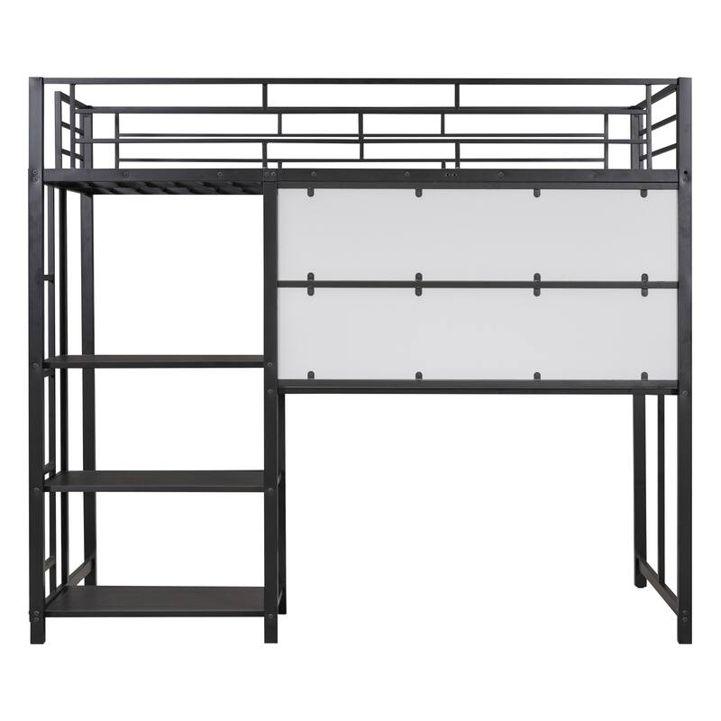 Metal Loft Bed with Desk, Whiteboard, Shelves, and Ladder