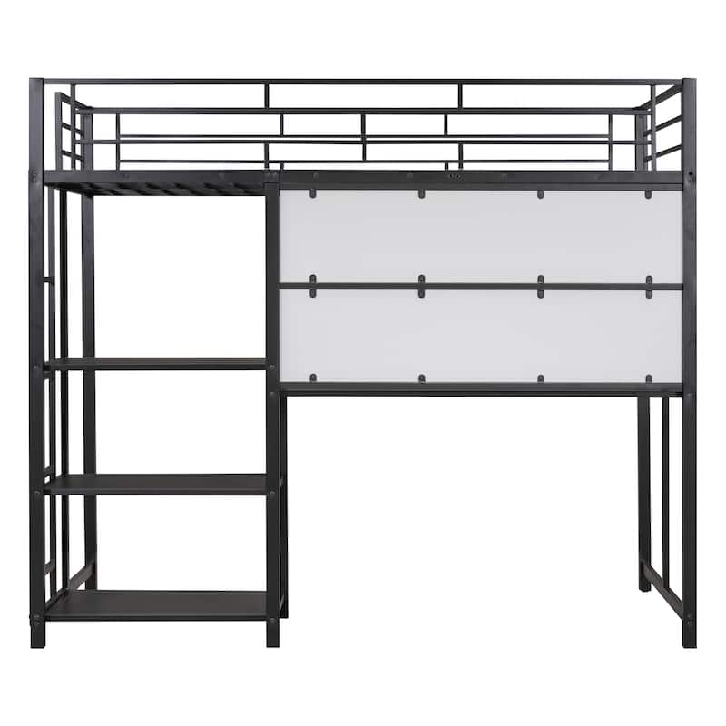 Twin Size Metal Loft Bed with Desk, Shelves, and Ladder - Sturdy Steel Frame for Kids' Exploration