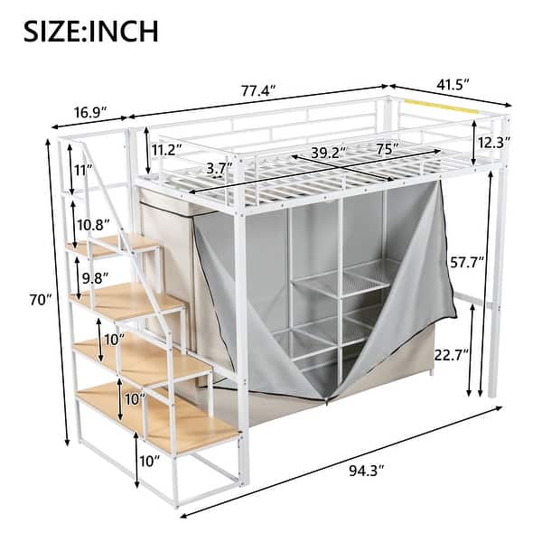 dimension image slide 3 of 4, Full/Twin Size Metal Loft Bed with Wardrobe and Storage Shelves for Kids