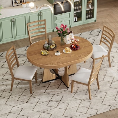 5-Piece Solid Wood Retro Rustic Functional Dining Set with 16" Removable Middle Leaf
