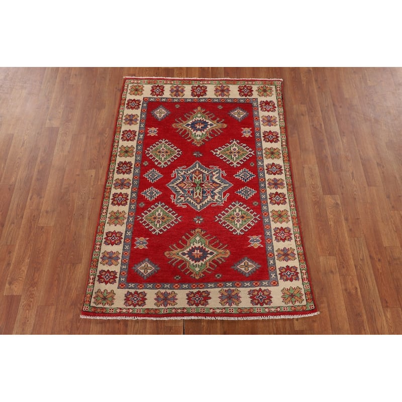 Red Kazak Oriental Accent Rug Hand-Knotted Wool Carpet - 3'5" x 4'11"