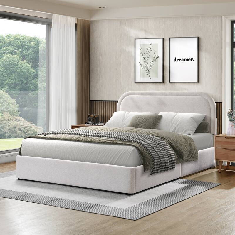 Queen Size Upholstered Bed Frame Platform Bed with Curved Headboard for Master Bedroom Guest Room - Ivory - Queen