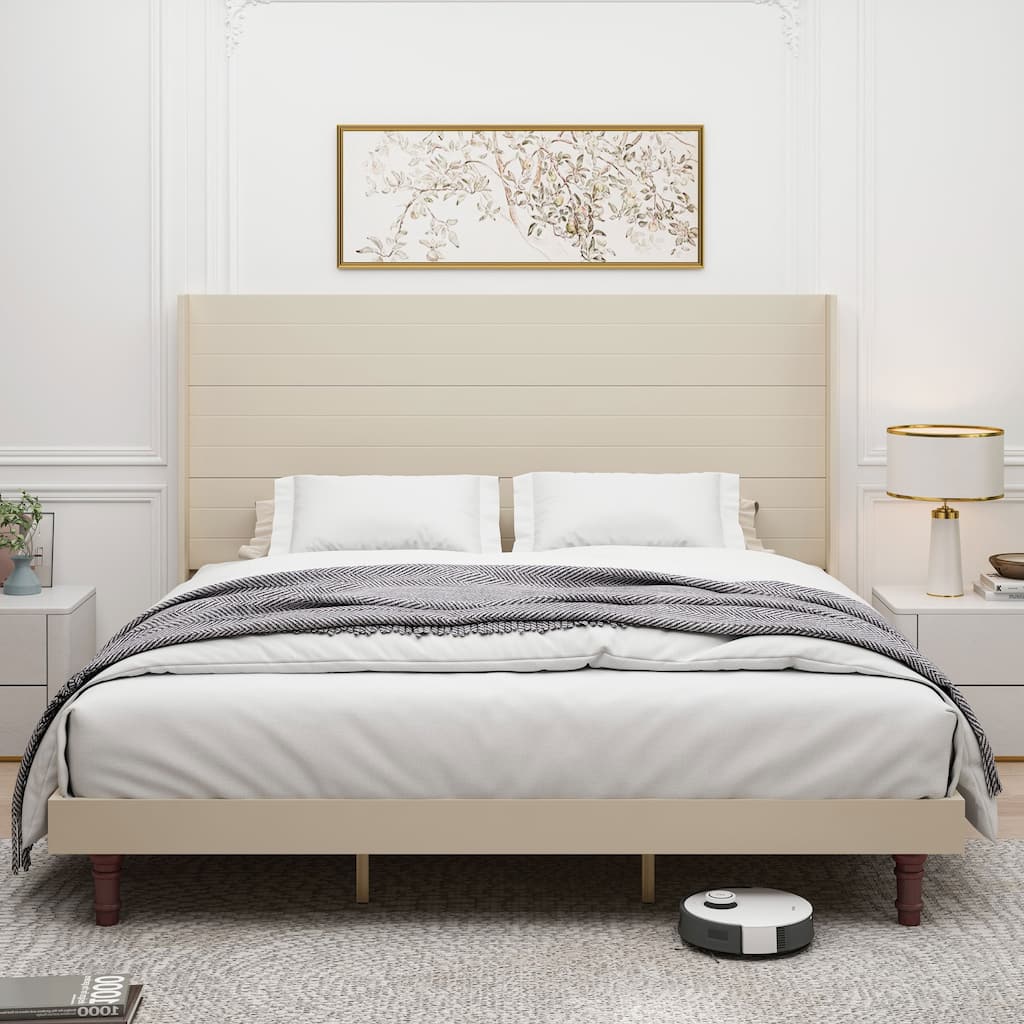 Elegant High Headboard King Size Bed, 54" Backrest Design for Relaxation & Reading, Beige