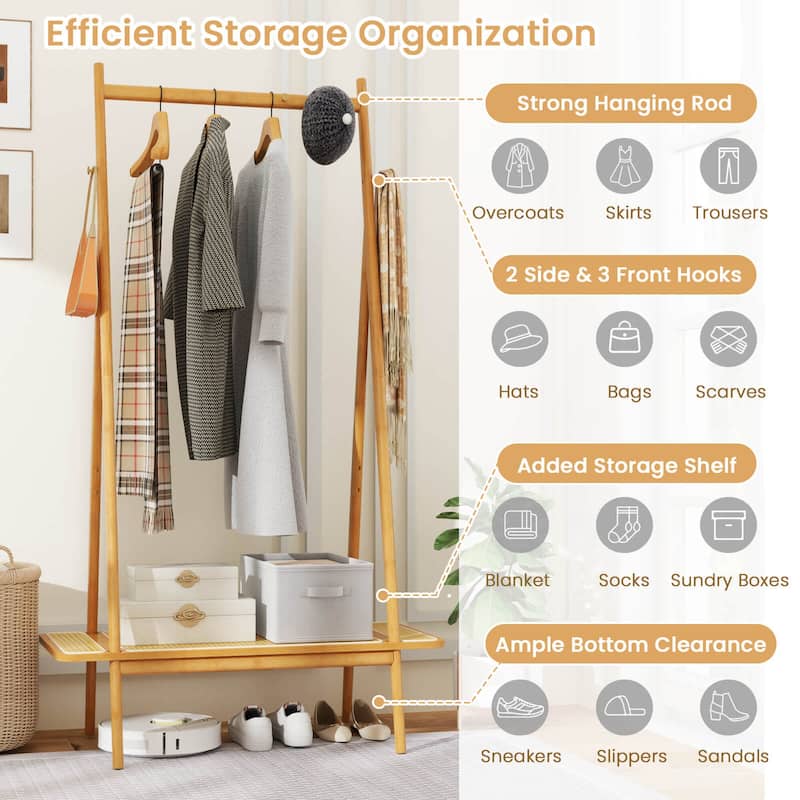 Costway Bamboo Clothes Rack Clothing Rack with Hanging Rod Rattan - See Details