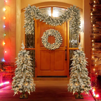 Pre-lit Christmas Artificial Tree 4-Piece Set, Garland, Wreath and Set of 2 Entrance Trees, X-mas with LED Lights, PVC