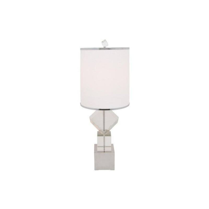 Clear Silver Faux Crystal Lamp with White Linen Drum Shade and 3 Way Switch - 12” x 12” x 31” (D x W x H) - Clear-Silver-White