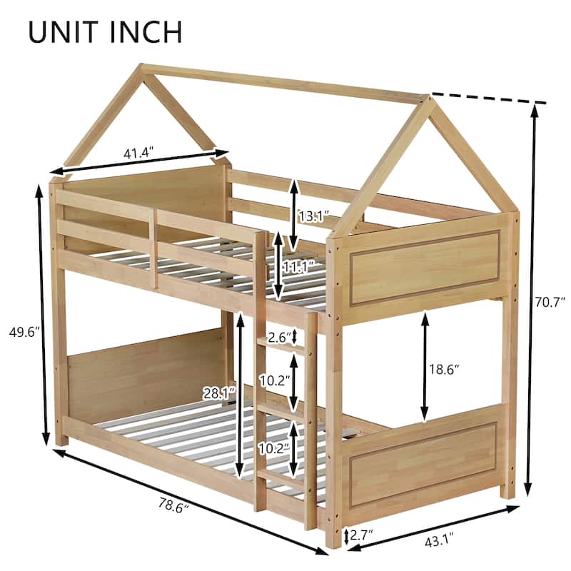 Wooden House Bunk Bed with Safety Guardrails, Ladder, and Headboards - Twin Over Twin Design