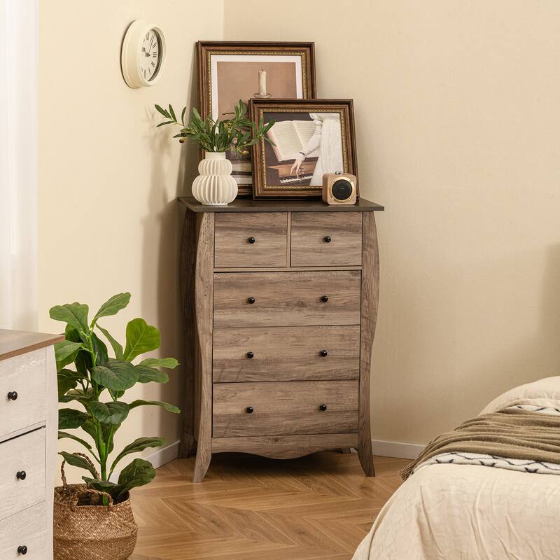 Gymax 2PCS 38'' Farmhouse Chest of Drawers w/ 5 Folding Fabric Drawers