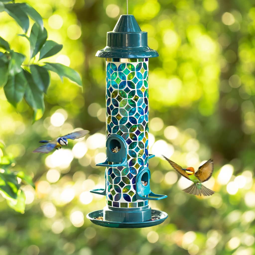 Glitzhome 20''H Tall Hanging Blue/Green Mosaic Birdfeeder