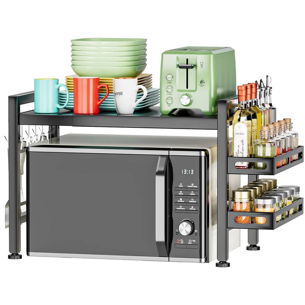 Extendable Microwave Oven Rack - Over Microwave Shelf Countertop 2 Tier Kitchen Microwave Stand with Spice Rack and 6 Hooks