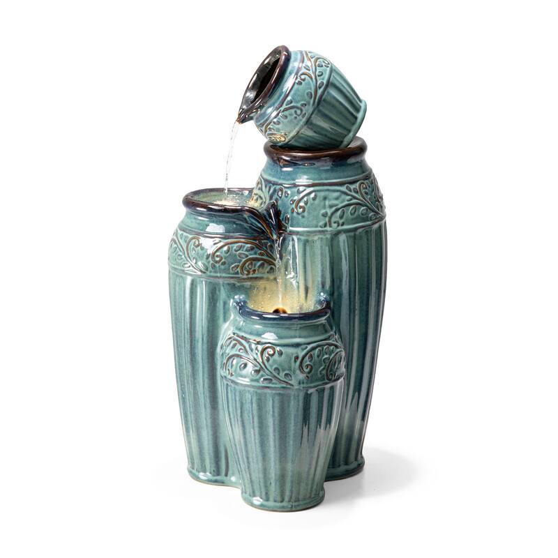 Glitzhome 27"H/35"H 4-Tier Embossed Pattern LED Ceramic Pots Fountain