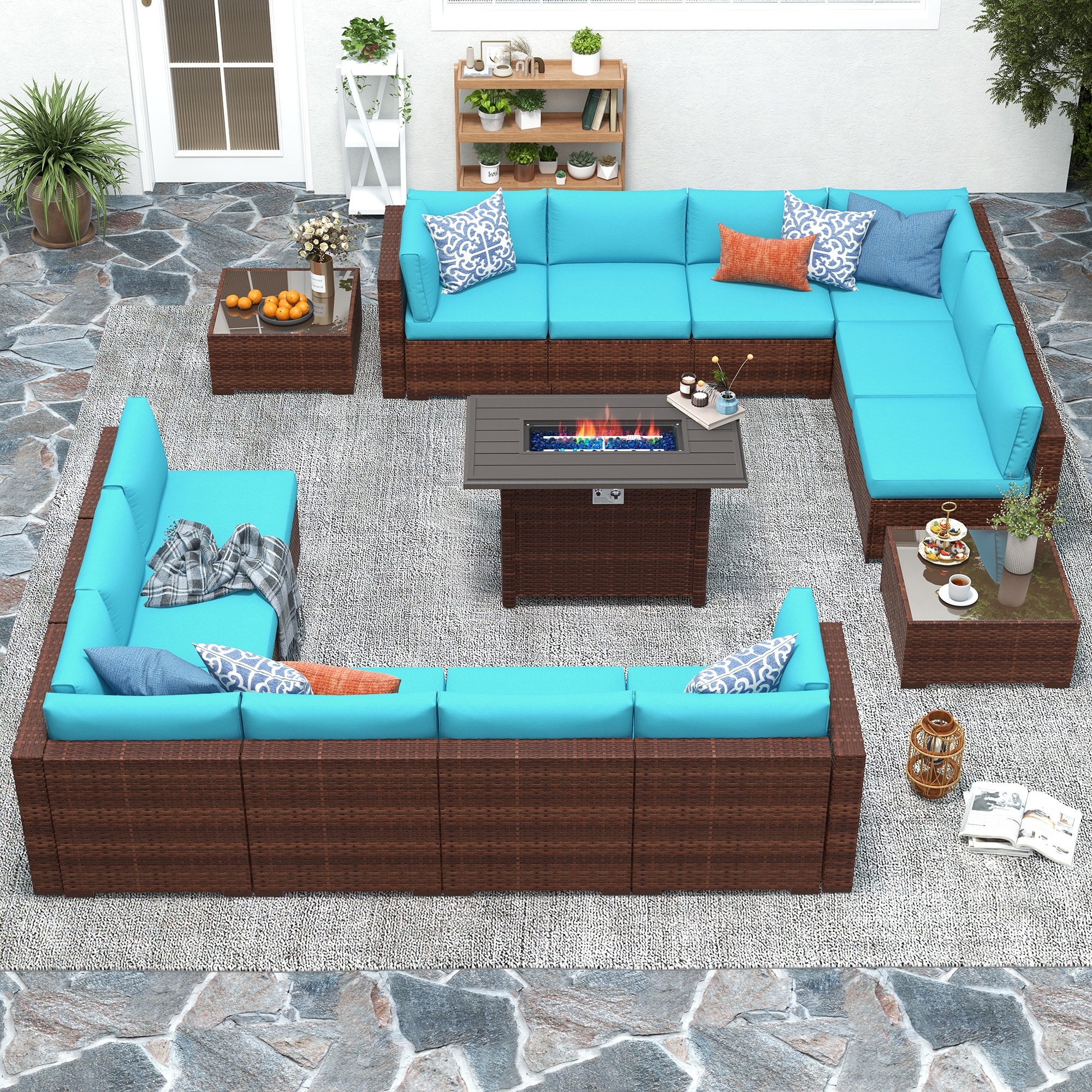 15 Piece Wicker Set Patio Sofa Furniture with Fire Pit And Table