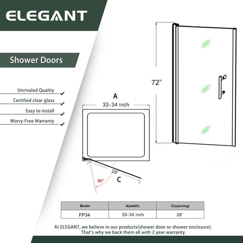Elegant Adjustable Width Frameless Pivot Swing Shower Door with 1/4 inch Transparent Tempered by Certified Glass Door