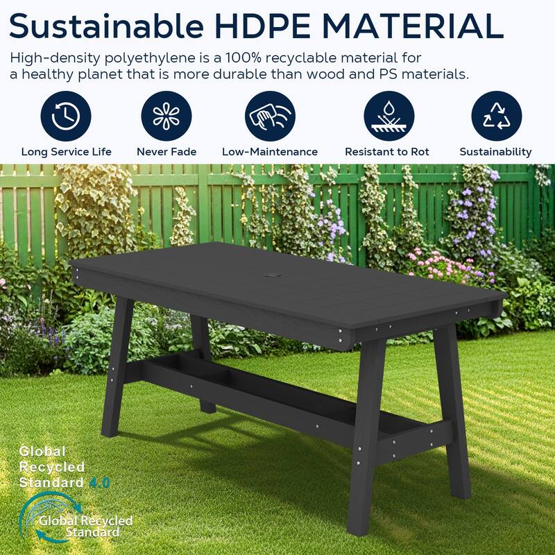 67.91in HDPE Rectangular Patio Dining Table with Umbrella Hole for 4 to 6 People - N/A
