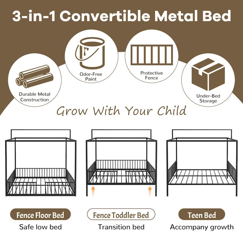 3-in-1 Convertible Metal Bed for Kids, Toddler Floor Bed, Fenced Bed and Montessori Elevated Bed with House-shaped Frame