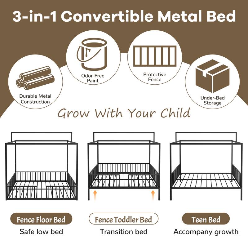 3-in-1 Convertible Montessori Metal Floor Bed by Harper&Bright Designs