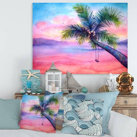 Designart 'Vivid Sunset Landscape With Palm and Swing' Nautical & Coastal Canvas Wall Art Print