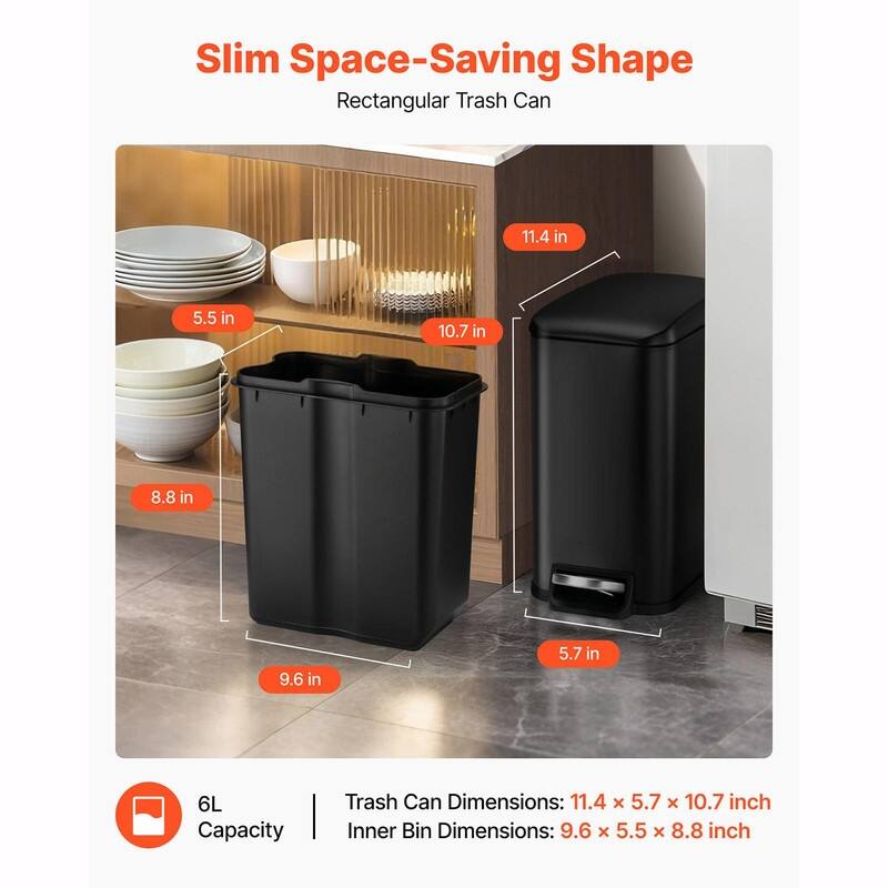 6L Slim Trash Can with Step Pedal, Soft-Close Lid, and Removable Inner Bin