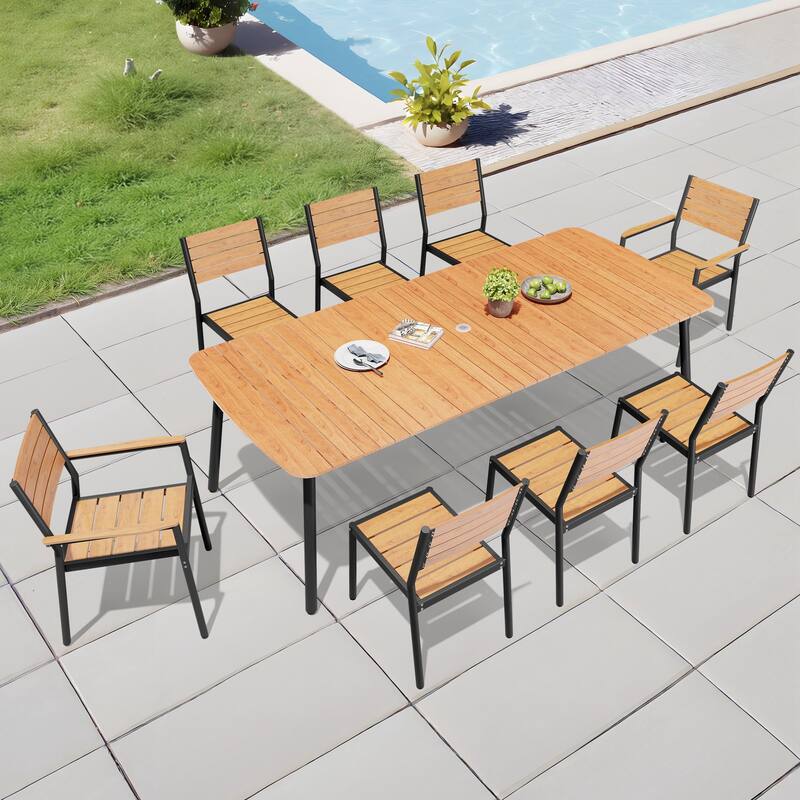 Outdoor 7/9-Piece Patio Dining Set Rectangular Dining Table with Stackable Chairs - Brown - Set of 9 - 92.9 inches