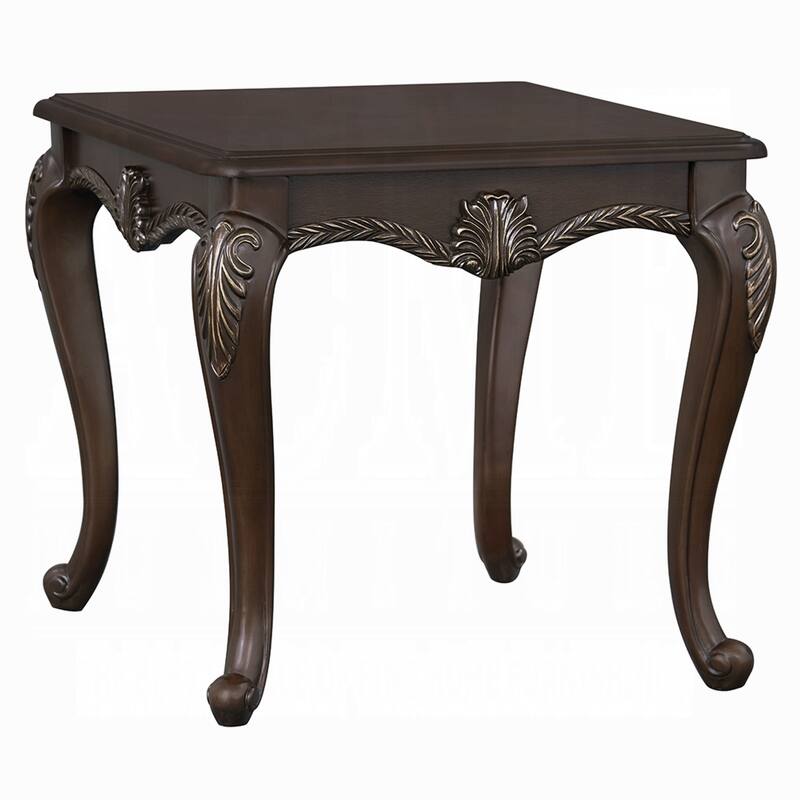 Reese Side Table, European Carved Classic Cherry Brown Wood, 28 Inch
