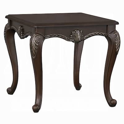 Reese Side Table, European Carved Classic Cherry Brown Wood, 28 Inch