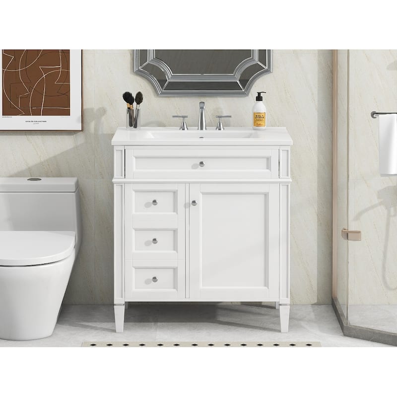 Roomfitters 30" Vanity with Sink, Modern Bathroom Cabinet with 2 Drawers and Tip-out Storage, Sleek Freestanding Design