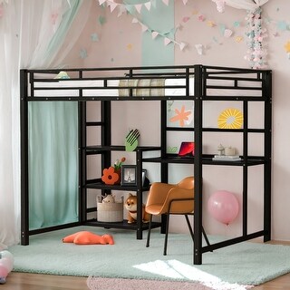 Full Size Loft Bed with Desk, Whiteboard & Shelves - Metal Frame,Space-Saving Design,Black