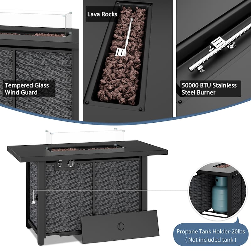 8-Piece Outdoor Patio Wicker Conversation Set with Fire Pit Table, Sectional Sofa & Cushions - N/A