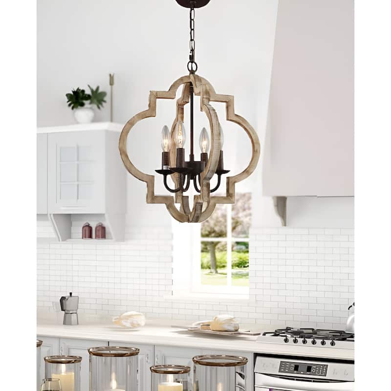 4 - Light Oil Bronzed Lantern Pendant, Wood Antique Medieval Style Geometric Chandelier - Oil Bronzed