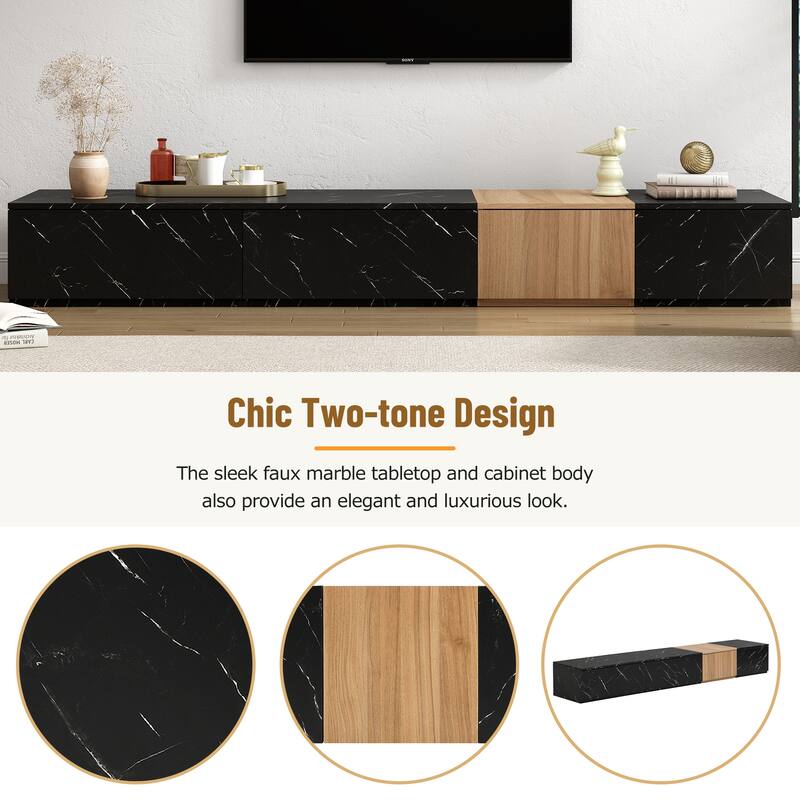 Modern TV Stand, for TVs Up to 88'' with Faux Marble and Walnut Wood Grain, 4 Storage Drawers, for Living Rooms, Black