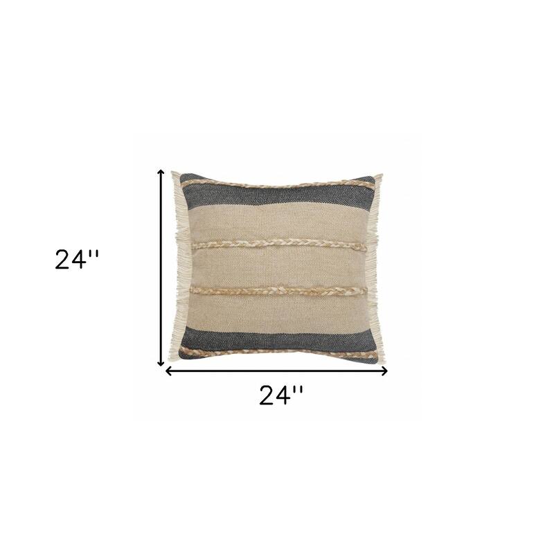 HomeRoots 24" Black And Tan Striped Cotton And Jute Throw Pillow with Fringe