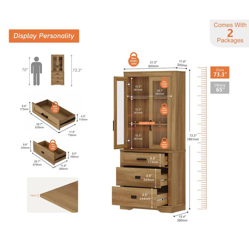 3 Tier Bookcase with Drawer,73.3" Tall Floor Standing Bookshelf