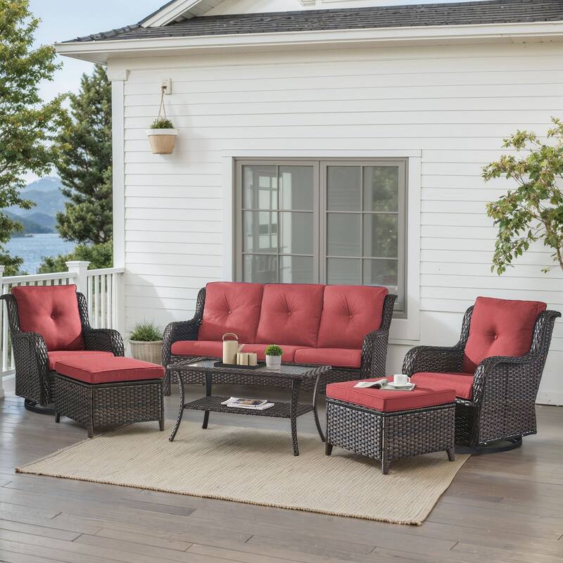 Outdoor Swivel Chairs with Sofa Ottoman Brown-Red - Brown - Brown - Red